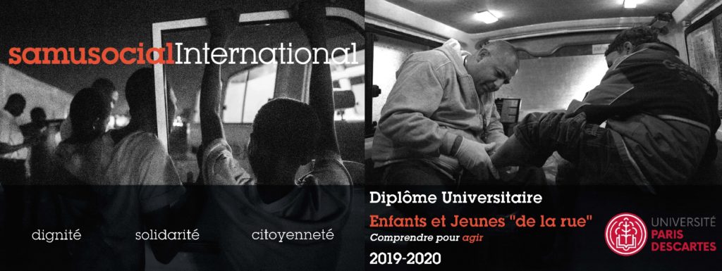 Bannière en noir et blanc du Samusocial International présentant un Diplôme Universitaire “Enfants et Jeunes de la rue”, porté par l’Université Paris Descartes pour l’année 2019-2020. Le visuel associe des scènes d’accompagnement social et médical, avec les mots “dignité”, “solidarité” et “citoyenneté”.
